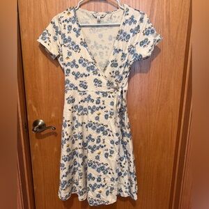 Toad&Co Freesia Wrap Dress — Cream Midi Wrap Dress with Blue Floral Print